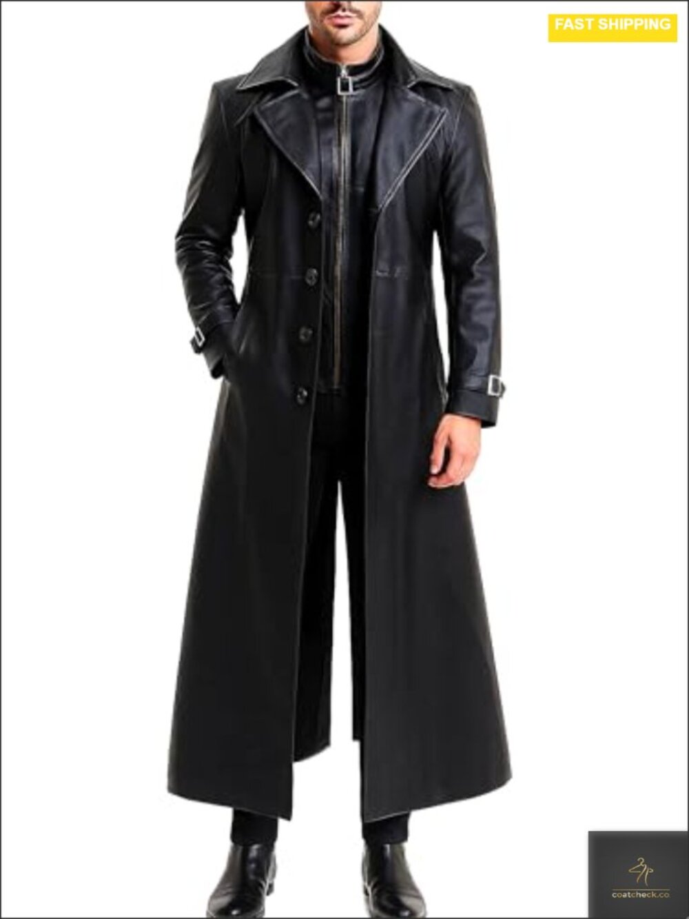 Men's Real Leather Trench Coat Double Breasted Long Overcoat Lapel Button